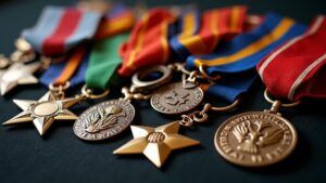 a-close-up-of-various-colorful-military-medals-and-ribbons-arranged-on-a-dark-fabric-background-