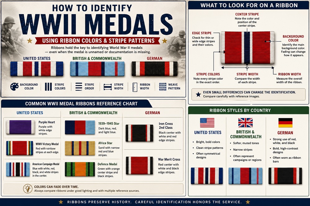 WWII medal ribbon identification infographic showing how to identify World War II medals by ribbon colors, stripe patterns, and country of origin.