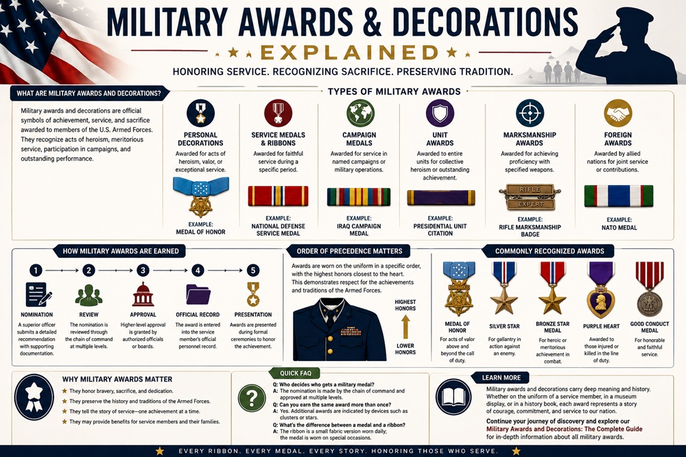 Military awards and decorations explained infographic showing the main types of U.S. military medals, ribbons, badges, how awards are earned, and the order of precedence.