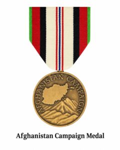 Afghanistan Campaign Medal displayed on a white background, showing the bronze campaign medal with the Afghanistan map and mountain design suspended from its distinctive red, black, green, cream, and blue-striped ribbon.