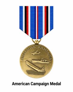 American Campaign Medal displayed on a white background with its blue, white, red, and black ribbon and bronze medal honoring U.S. military service in the American Theater during World War II.