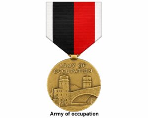 Army of Occupation Medal displayed on a white background featuring the occupation ribbon and bronze medal with castle towers and bridge design.