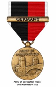 Army of Occupation Medal with Germany Clasp displayed on a white background showing the black, red, and white ribbon with the Germany clasp above the bronze occupation medal.