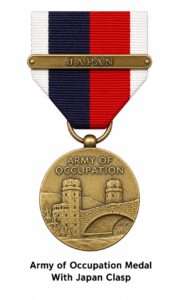 Army of Occupation Medal with Japan Clasp displayed on a white background featuring the white, blue, and red ribbon with the Japan clasp above the bronze occupation medal.