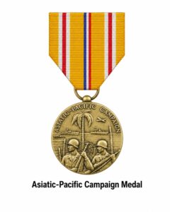 Asiatic-Pacific Campaign Medal on a white background featuring its gold campaign ribbon and bronze medal awarded for U.S. military service in the Asiatic-Pacific Theater during World War II.