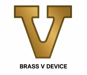 Brass V Device military ribbon attachment on a white background, indicating valor or acts of heroism in combat for eligible U.S. military awards.