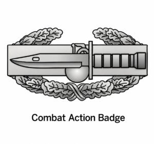 Combat Action Badge displayed on a white background, featuring a bayonet over an oak wreath, awarded to U.S. Army soldiers who actively engaged or were engaged by the enemy in combat.