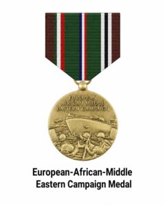 European-African-Middle Eastern Campaign Medal displayed on a white background with its green campaign ribbon and bronze medal recognizing service in the European, African, and Middle Eastern theaters during World War II.
