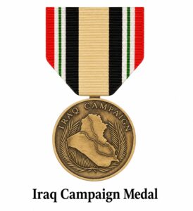 Iraq Campaign Medal with official ribbon displayed on a white background, awarded to U.S. military personnel who served in direct support of Operation Iraqi Freedom and other qualifying operations in Iraq.