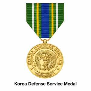 Korea Defense Service Medal displayed on a white background with its green, blue, yellow, and white ribbon, recognizing U.S. military service in defense of the Republic of Korea.