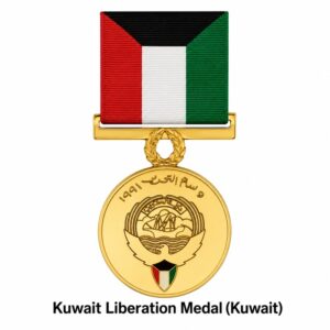 Kuwait Liberation Medal (Kuwait) displayed on a white background with its red, white, green, and black ribbon, awarded by the State of Kuwait to honor military personnel who participated in the liberation of Kuwait during the Gulf War.