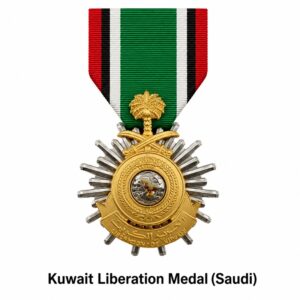 Kuwait Liberation Medal (Saudi) displayed on a white background with its green, white, black, and red ribbon, awarded by the Kingdom of Saudi Arabia to recognize service during the 1991 Gulf War and the liberation of Kuwait.