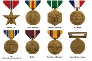 Reference chart of U.S. military medal manufacturer marks displayed on a white background, featuring examples from Robbins Co., Graco Industries, Vanguard Industries, N.S. Meyer, HLI (Hallmark/Lordship Industries), Balfour, Medallic Art Company, and a maker mark stamped on a medal brooch for identification and collecting.