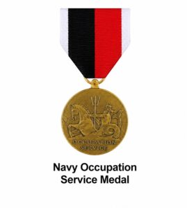 Navy Occupation Service Medal displayed on a white background with its red, black, white, and green ribbon and bronze medal, awarded for U.S. Navy, Marine Corps, and Coast Guard occupation service following World War II.