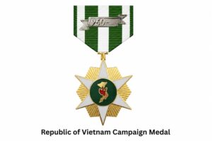 "Republic of Vietnam Campaign Medal displayed on a white background, featuring a white six-pointed star with green rays, a gold center with the map of Vietnam, and a green ribbon with three vertical white stripes."