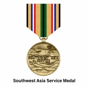 Southwest Asia Service Medal displayed on a white background with its tan, green, black, red, white, and blue ribbon, awarded for military service during Operations Desert Shield and Desert Storm.