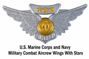 U.S. Marine Corps and Navy Military Combat Aircrew Wings with three gold stars, featuring silver wings, a gold anchor emblem, and "AIR CREW" at the bottom on a white background.