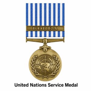 United Nations Service Medal for Korea displayed on a white background with a blue and white striped ribbon and Korea clasp, awarded for service under United Nations command during the Korean War.