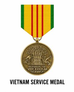 Vietnam Service Medal awarded to U.S. military personnel for qualifying service during the Vietnam War, featuring a yellow ribbon with green edges and three red stripes.