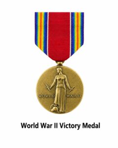World War II Victory Medal on a white background featuring the rainbow ribbon and bronze medal with the figure of Liberation, awarded for military service during World War II.